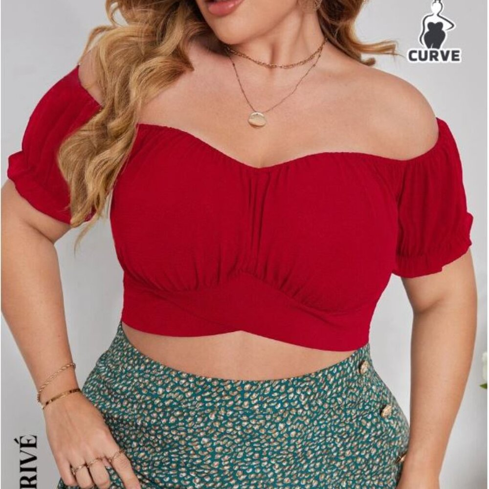SHEIN Privé Plus Solid Tie Back Off Shoulder Blouse 2XL 2X RED - EUC